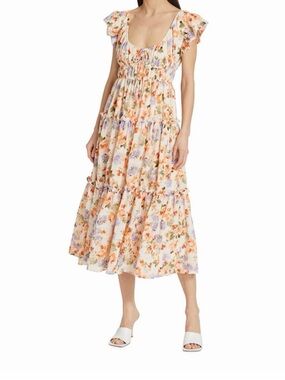 En Saison Cream Midi Dress with Peach and Lavender Floral Print